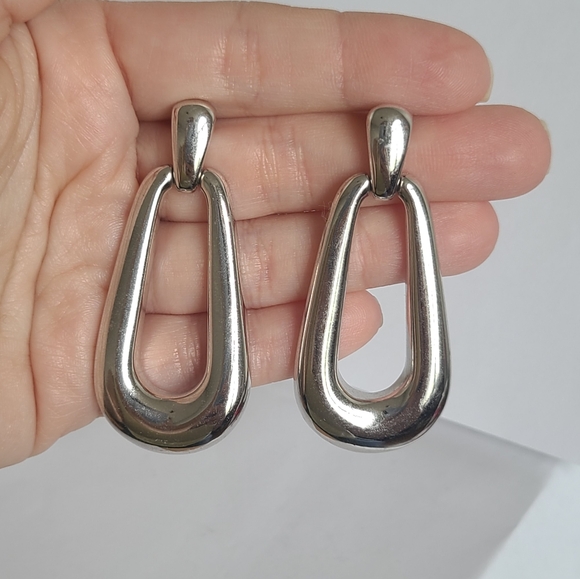 Vintage GIVENCHY Designer Geometric Chunky Silver Drop Dangle Statement Earrings - Picture 9 of 15